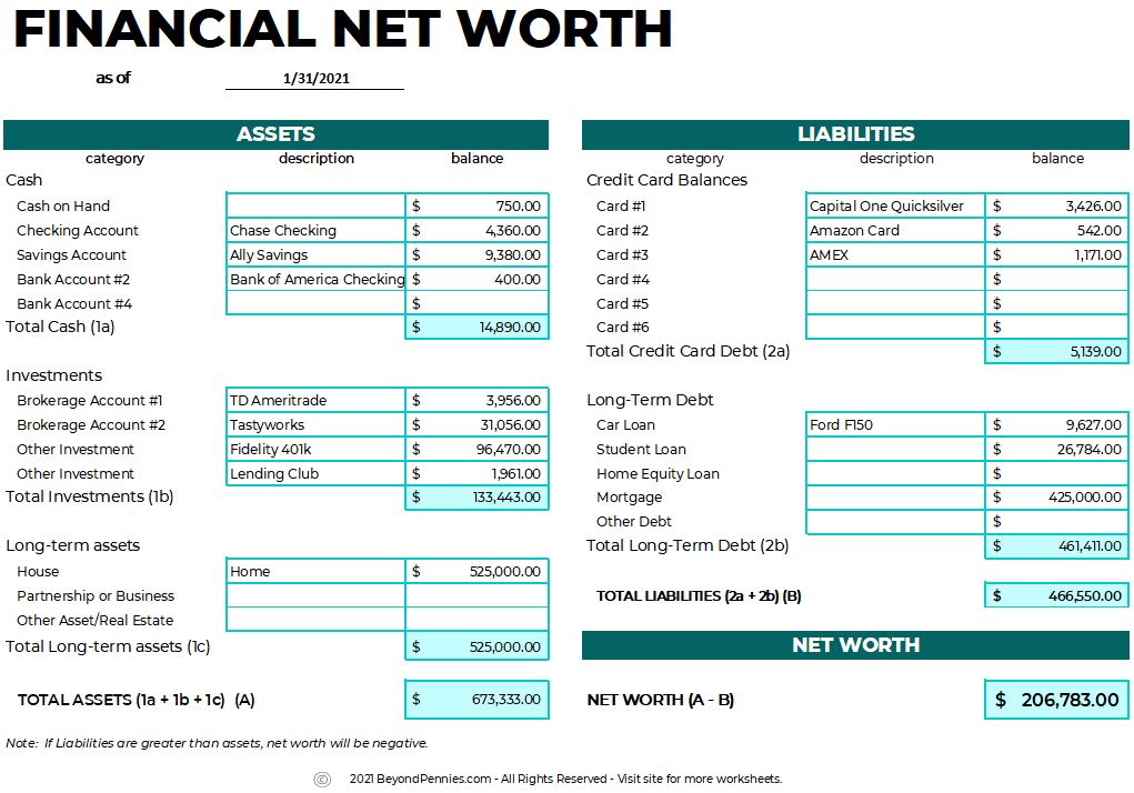 Image depicting a printable financial net worth worksheet.